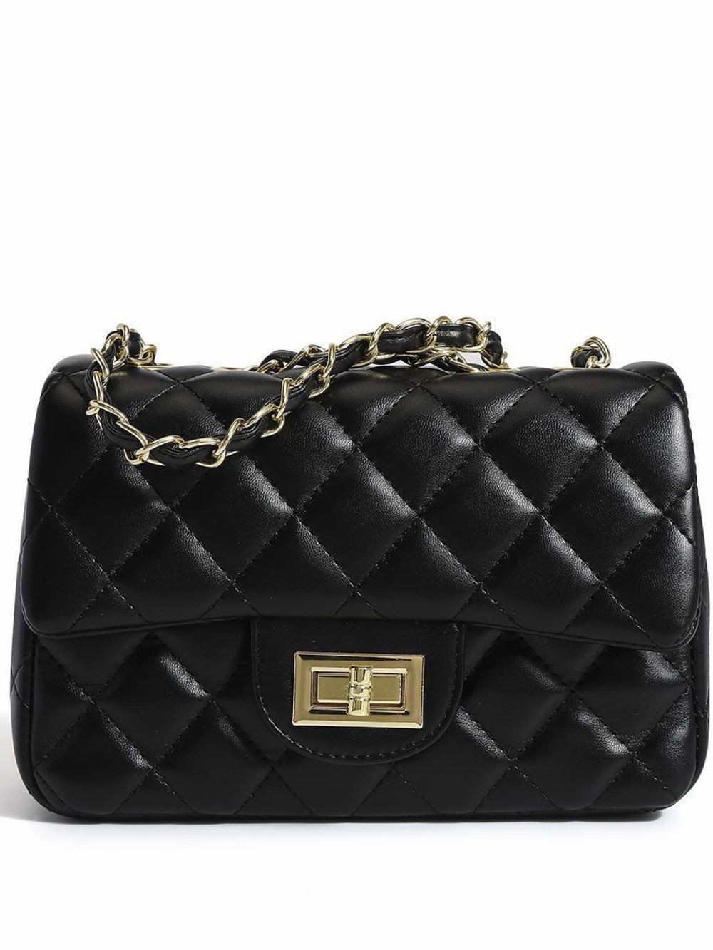 Black Quilted Shoulder Bag with Gold Chain